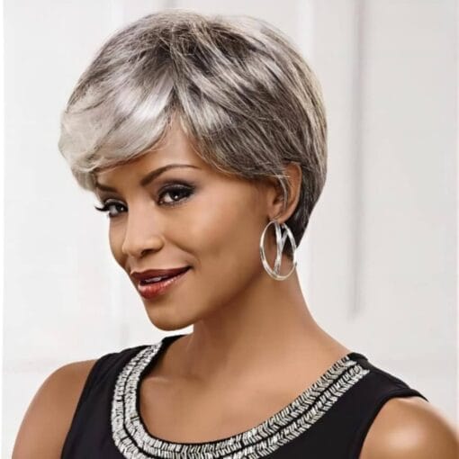 Short Gray Pixie Cut Wigs For Women Black Women, Salt And Pepper Sassy Pixie Cut Human Hair Wig With Highlight Bangs And Feather Layers, Indian Remy Razor MI1610483