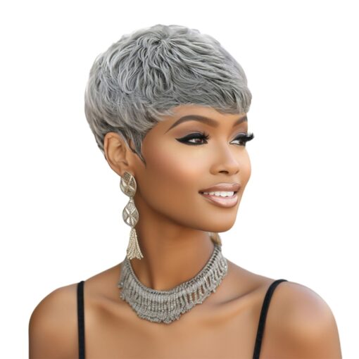 Short Grey Pixie Cut Wigs For Women Black Women Curly Style With Bangs And Natural Short Curly Wigs For Women Black Women Synthetic Wig Heat Resistant MI1610472