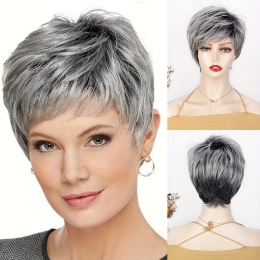 Short Grey Pixie Cut Wigs For Women Women With Bangs Mixed Gray Old Lady Wig Layered Synthetic Wig Old Ladies Gray Hair Wig For Women Women Daily Cosplay Wig MI1611090