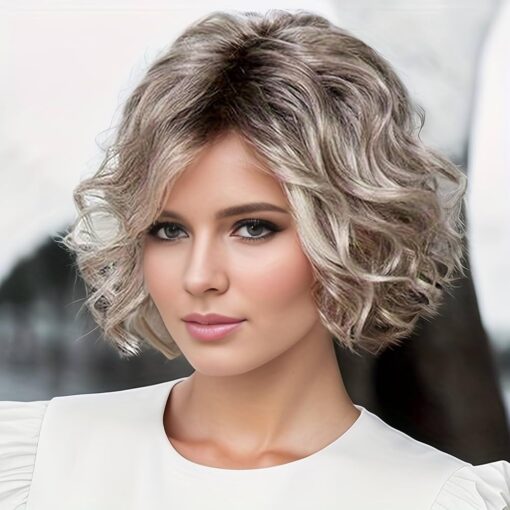 Short Grey Wavy Bob Wig Ombre Grey Mixed Brown Curly Bob Wigs For Women Women Chin Length Gray Layered Wig With Dark Roots Natural Looking Synthetic Wigs MI1603791