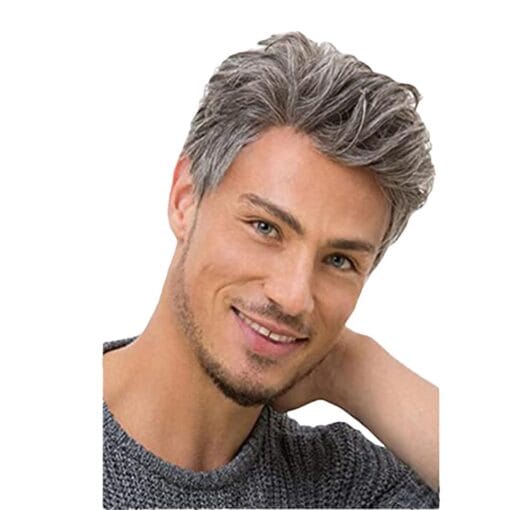 Short Mens Gray Wig Layered Natural Hair Mixed Gray Hair Heat Straight Synthetic Wigs With Bangs Cosplay Daily Use Wig Gray MI1611865