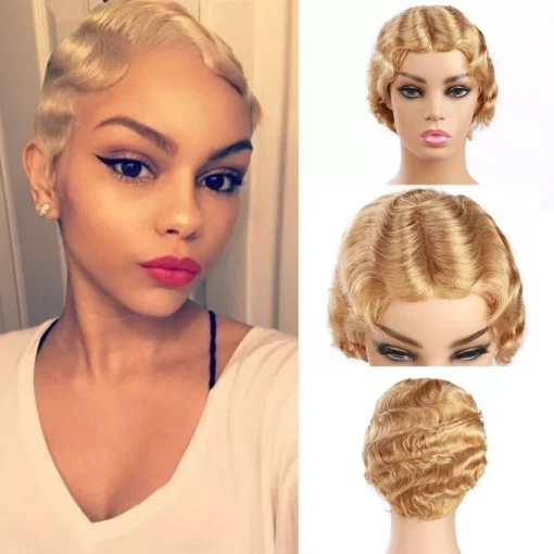 Short Pixie Cut Finger Wave Wigs Human Hair Wigs Colored For Women MI1611208