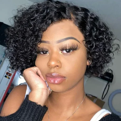 Short Pixie Cut Human Hair Wig Afro Curly Natural Black Wigs MI1603940