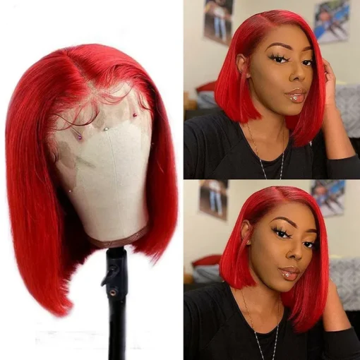 Short Red Color Lace Frontal Middle Part Wig Straight Bob Wig For Women Black Women MI1602333