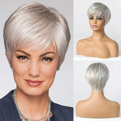 Short Silver Grey Human Hair Blend Wigs For Women Women,Natural MI1610492