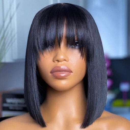 Short Straight Bob Human Hair Wigs With Bangs Full Machine Made Wigs For Women Black Women Glueless Fringe Wig Brazilian Cheap MI1611811