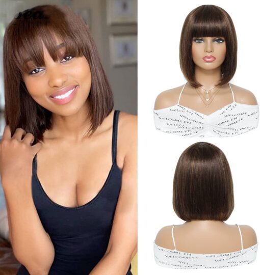 Short Straight Bob Wig With Bangs, Brazilian Remy Human Hair MI1610793