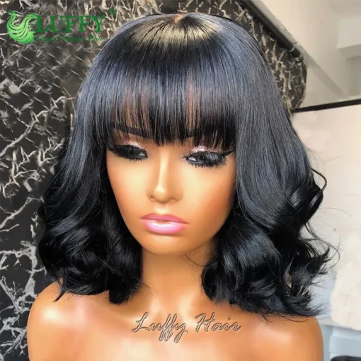 Short Wave Bob Wigs With Bangs 100% Human Hair Glueless Full MI1605310