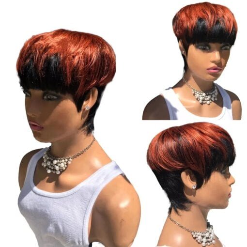 Short Wavy Bob Pixie Cut Wig In Ombre Red Color With Bangs MI1605880