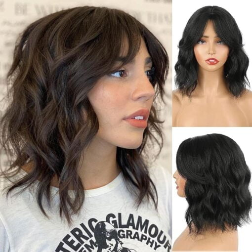 Short Wavy Bob Wig With Bangs Black Curly Bob Wig For Women Women Wavy Bob Wig With Curtain Bangs Synthetic Curly Wavy Bob Wigs With Bangs Shoulder Length MI1603788