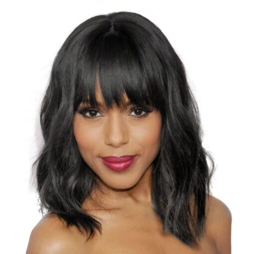 Short Wavy Real Hair Bob Wigs With Bangs Capless Black E MI1604549