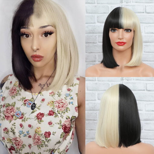 Sia Wig Half Black Half Blonde Short Straight Flat Bangs MI1610439