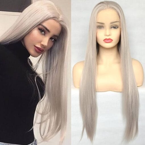 Silver Blonde Straight Lace Front Wigs Trendy Long Half Hand Tied Wig For Women Women Heat Resistant Synthetic Hair 22 Inches MI1611615