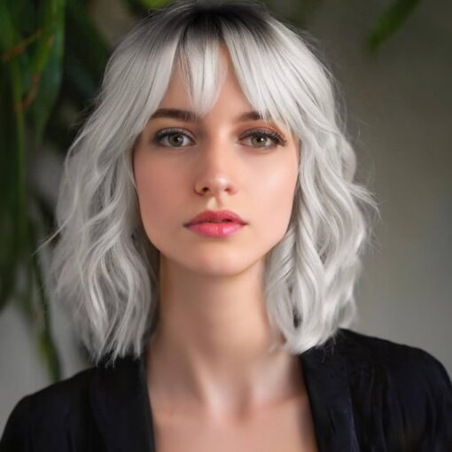 Silver Gray Wig With Bangs For Women Women 14 Inch Short Bob Wavy Curly Wig Gray Hair Wigs Heat Resistant Synthetic Wigs MI1606292