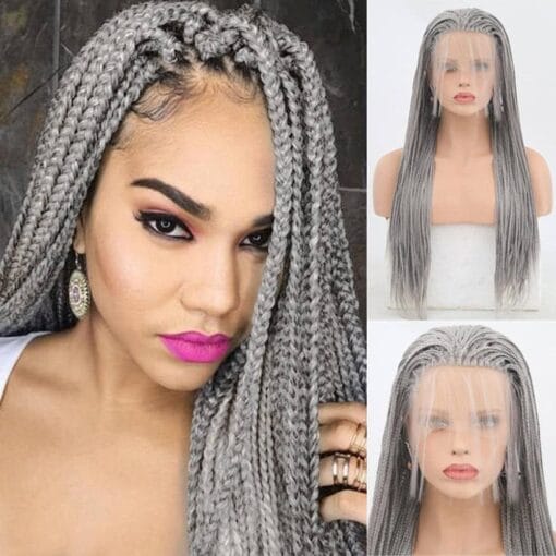 Silver Grey Braided Wigs Synthetic Lace Front Wig Part Braided Box Braids Wig With Baby Hair Wigs For Women Black Women 26Inches MI1607556