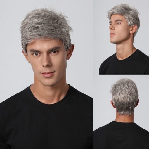 Silver Grey Synthetic Wigs For Women Men Short Layered Natural Hair Wig With Side Part Bangs Halloween Party Heat Resistant Fake Hair MI1611858