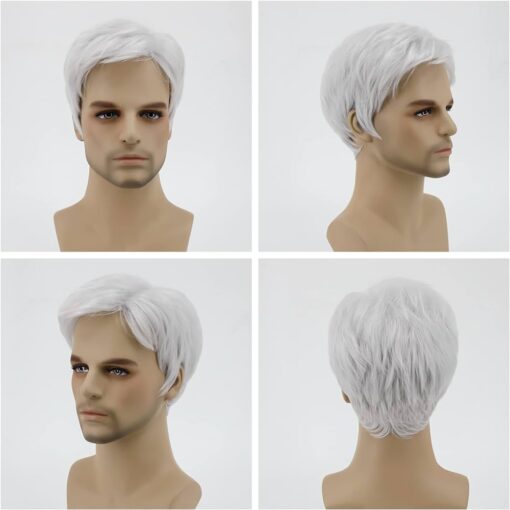 Silver White Wig For Women Men, Fluffy Realistic White Gray Mens Short Hair Old Man Cosplay Costume Wig, Natural Hair Daily Wigs Suitable For Women Boys, Men MI1610753