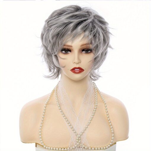 Silvery White Short Curly Wigs With Bangs For Women Women Short Pixie Cut Wigs Fluffy Synthetic Curly Hair Wigs For Women Daily Party Cosplay Use MI1604083