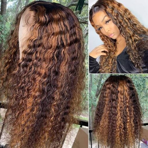 Smavida Brown Highlight Human Hair Wigs Deep Wave 13X1 Lace Front Wigs Ombre Blonde Curly Remy Hair Wig Brazilian Virgin Hair T Part Lace Wigs Pre MI1605399