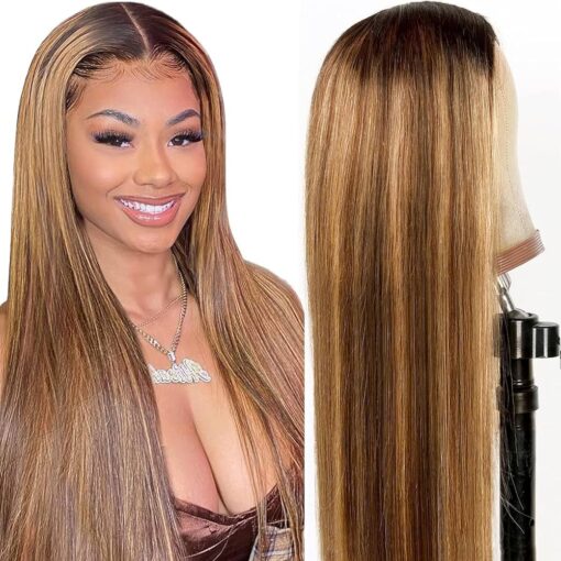 Smilenice 18 Inch Straight V Part Wig Human Hair No Leave Out 100% Virgin Human Hair Wig 4/27 Honey Blonde Highlight V Part Human Hair Wig Blonde With MI1610570