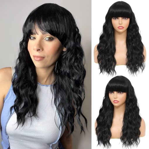 Soku Black Wavy Wig With Bangs For Women Women 20 Inches Synthetic MI1603304