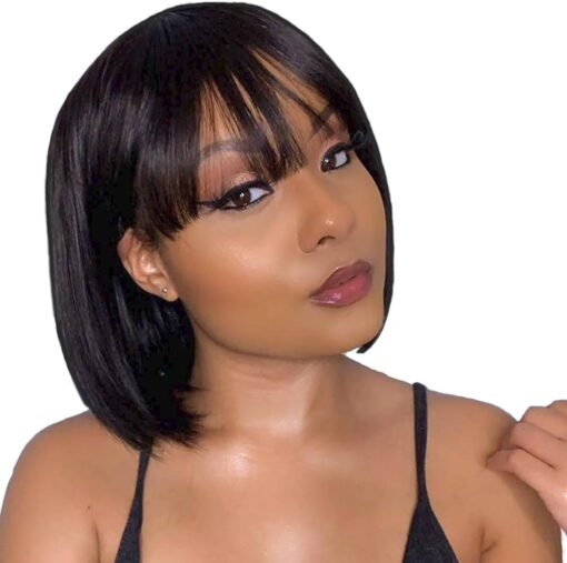 Sqplxk Short Bob Human Hair Wigs With Bangs None Lace Front Wigs Brazlian Straight Hair Machine Made Bob Wig For Women Black Women Natural Color (8 Inch) MI1605007