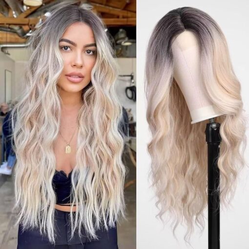 Starluck Ombre Blonde Wavy Wig For Women Women,Long Curly Wig 26 Inch Middle Part Natural Looking Synthetic Heat Resistant Fiber Wig For Women Daily Party Use MI1603369