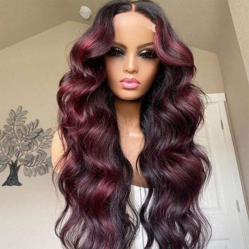 Straight Black Lace Front Wig With Burgundy Highlights MI1611243