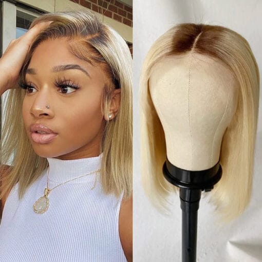 Straight Blonde Ombre Bob Wig With Dark Roots 6X6 Lace MI1611179