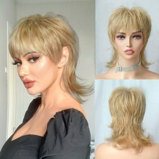 Strrid Short Blonde Wig Shaggy Layered 80S Mullet Wig Pixie Cut Wig With Bangs Curly Synthetic Natural Fake Hair Replacement Wigs For Women White Black MI1609775