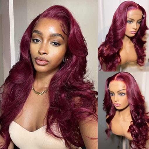 Supernova Burgundy 99J Lace Front Wigs Human Hair Burgundy Body Wave 5X5 Transparent Lace Closure Human Hair Wigs For Women Black Women 180% Density Pre MI1611332