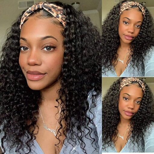 Sweetgirl Curly Headband Wig Human Hair Wigs For Women Black Women Water Wave Headband Wigs Human Hair Half Wig With Headband Attached 150% Density 14 Inch MI1603958