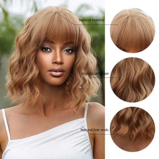 Synthetic Golden Light Brown Short Bob Wigs With Bangs For Women Black Women Cosplay Daily Curly Hair Wig Natural Heat Resistant Fibre MI1611105