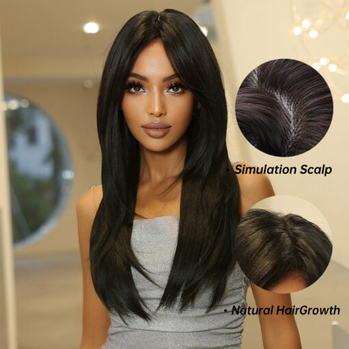 Synthetic Long Layered Wig With Bangs Natural Black Straight Hair Wigs For Women Black Women Cosplay Daily Heat Resistant Fiber Wig MI1610688