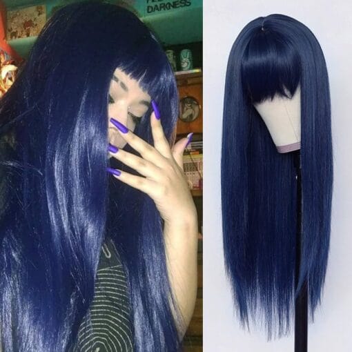 Synthetic Replacement Hair Wig With Bangs Blue Color Heat Resistant No Lace Wigs For Women Fashion Women MI1607757