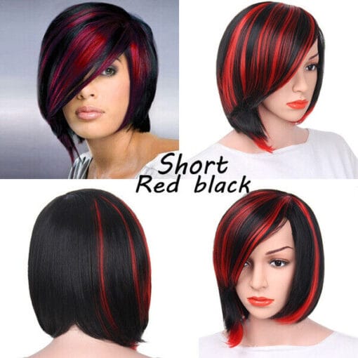 Synthetic Short Bob Wig For Women Women Party Black With Red Purple Highlight Streak MI1611457