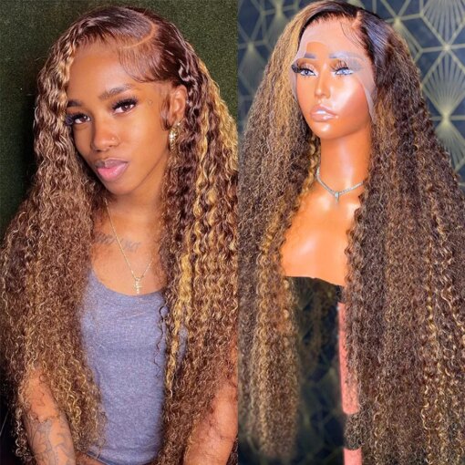 Synthetic Wigs 13X4 Hd Highlight Wig Human Hair Curly Honey Blonde Water Wave Lace Front For Women Women Ombre Glueless Deep Frontal 230803 MI1606128