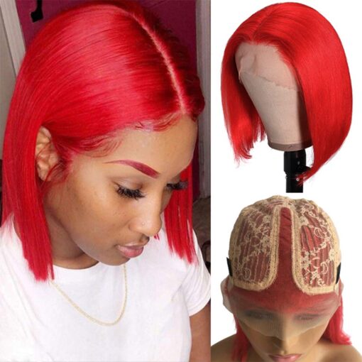 T Part Lace Bob Wigs Red Human Hair 10 Inch Silky Straight Lace Front Wig Red Human Hair 13X1X4 Lace Front Bob Wigs 150% Density Pre Plucked With Baby MI1602345