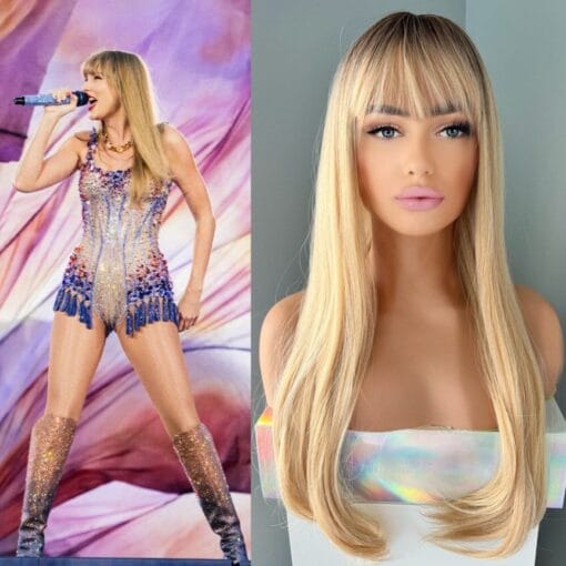 Taylor Swift Eras Tour Wig Cosplay Costume Long Golden Blonde 26 Inch Synthetic Wig With Bangs Whitney MI1611608