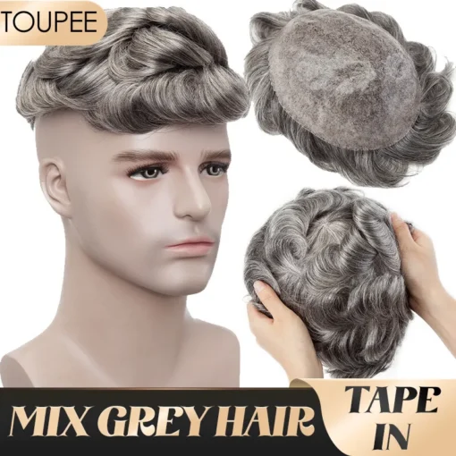 Toupee For Women Men Replacement System With White Hair Pu Skin MI1610763