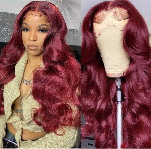 Transparent 99J Lace Front Wig Human Hair Body Wave Burgundy MI1611638