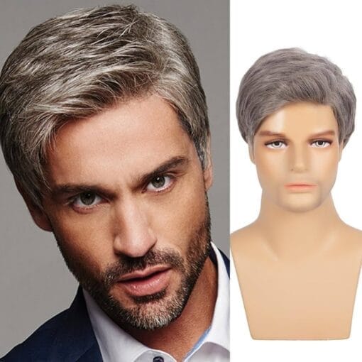 Tseses Grey Straight Mens Short Wig Synthetic Hair Layered Natural Daily Cosplay Party Gray Synthetic Hair Wigs For Women Male Guy MI1611832