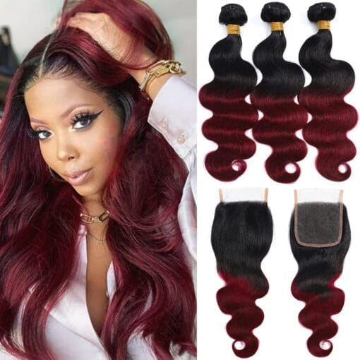 Two Tone Ombre 1B/99J Black To Burgundy Body Wave Hair MI1611347