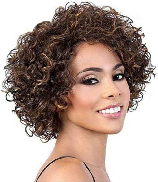 Udu Short Curly Human Hair Wigs For Women Black Women Glueless Wigs Human Hair Short Curly Wigs With Bangs Highlighted Brown Mixed Color Non Lace Glueless MI1602124