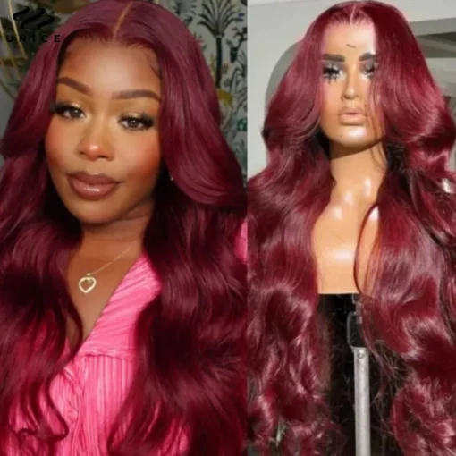 Unice Burgundy 99J Body Wave 13X4 Lace Front Human Hair Wigs For Women Black Women Red MI1612088