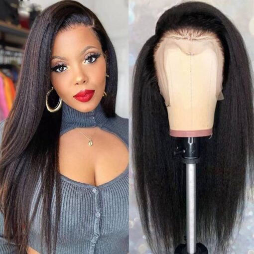 Unice Yaki Kinky Straight 13X4 Lace Front Human Hair Wigs Pre Plucked With Baby Hair, Brazilian Remy Hair Italian Yaki Frontal Wig For Women Black Women MI1604282