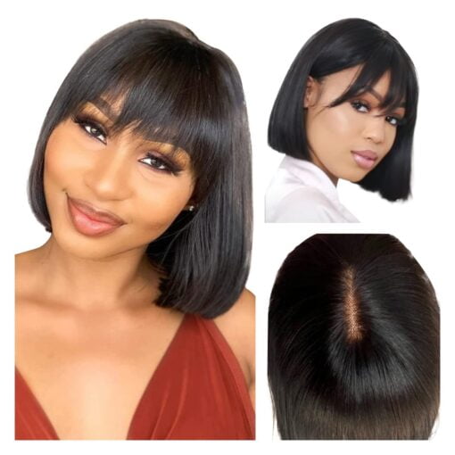 Uolova Short Straight Bob Human Hair Wigs With Bangs For Women MI1603614