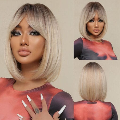 Us Short Straight Bob Wig Dark Root Ombré Blonde Hair Wigs With Bangs For Women Women MI1609783