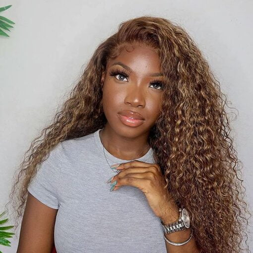 V Show Highlight Water Wave Transparent Lace Front Wigs Human Hair Pre Plucked 20 Inch 180% Density #4/27 Ombre Colored Glueless Curly Wave Honey MI1606118