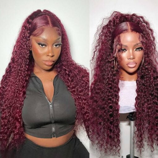 Veloma 99J Burgundy Deep Wave Lace Front Wigs Human Hair 13X4 Hd Lace Frontal Wigs Human Hair Lace Front Wigs Pre Plucked 99J Burgundy Deep Curly Wigs MI1610823